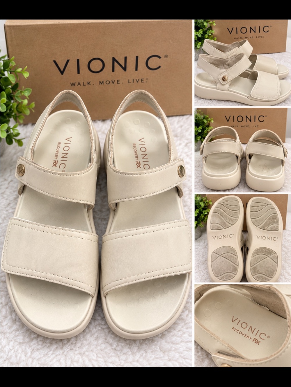 Vionic Cream Leather Adjustable Strap Slide Sandals